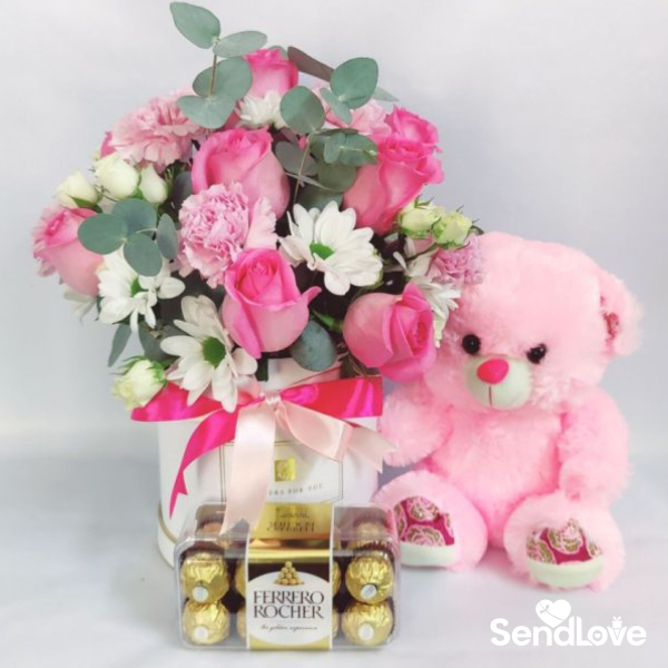 Pink Teddy and Flowers